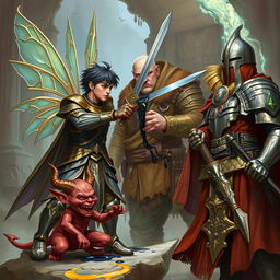 A male fairy in intricate armor, confidently pointing a sword at a bald monk, who is oozing black liquid from his body