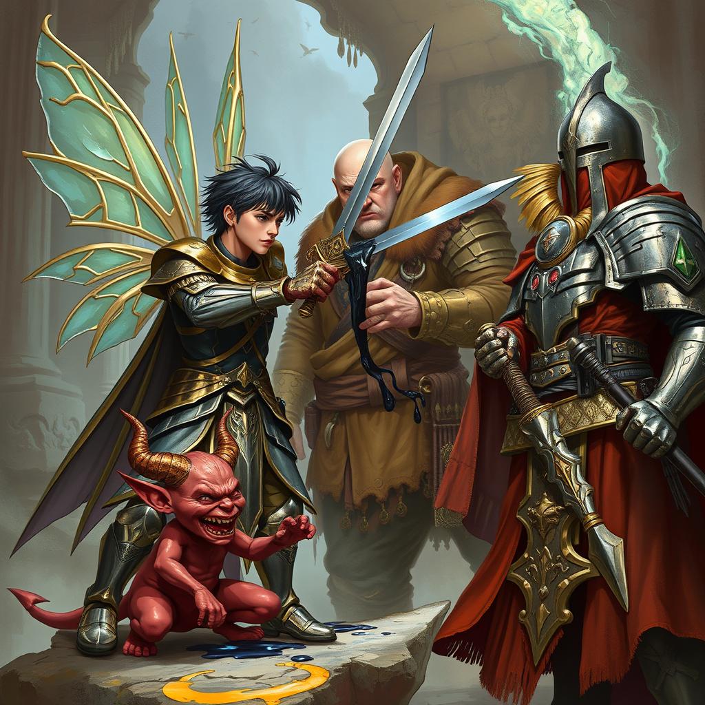 A male fairy in intricate armor, confidently pointing a sword at a bald monk, who is oozing black liquid from his body