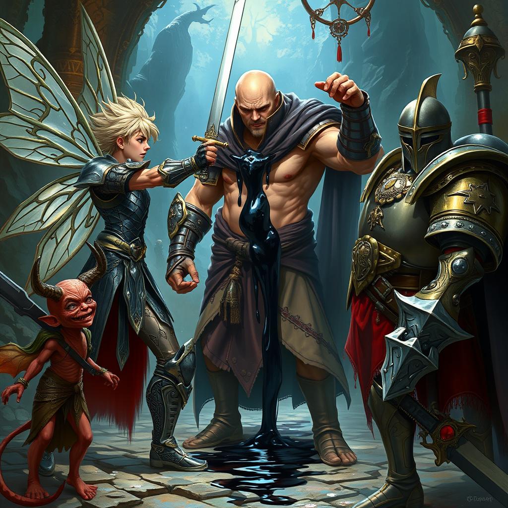 A male fairy in intricate armor, confidently pointing a sword at a bald monk, who is oozing black liquid from his body