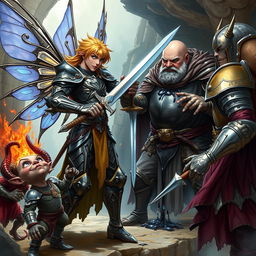 A male fairy in intricate armor, confidently pointing a sword at a bald monk, who is oozing black liquid from his body