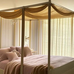 A luxurious bedroom fit for a princess with a canopy bed, fluffy pillows, velvet curtains, crystal chandelier, and decorative golden elements.