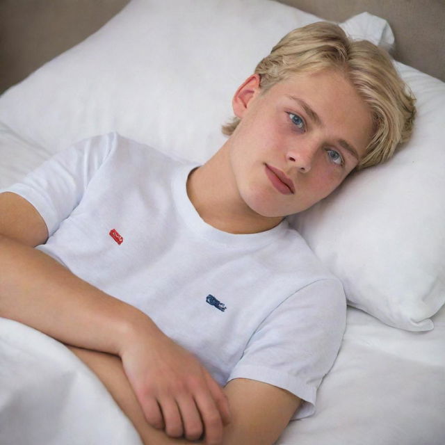 Hyper-realistic image of an 18-year-old boy with Chilean and Spanish heritage, blonde, with blue eyes, 1.80m tall, with red lips. He is reclining with his large, well-maintained feet extended on the bed.