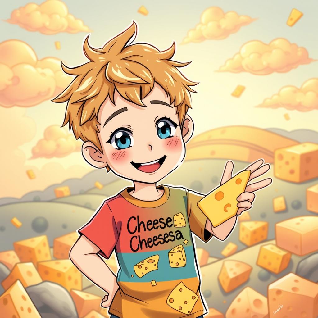 An anime-style illustration of a young boy with a cheerful smile, wearing a colorful t-shirt adorned with cheese graphics