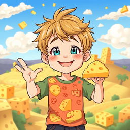 An anime-style illustration of a young boy with a cheerful smile, wearing a colorful t-shirt adorned with cheese graphics