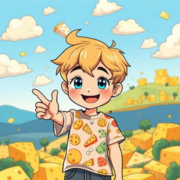 An anime-style illustration of a young boy with a cheerful smile, wearing a colorful t-shirt adorned with cheese graphics