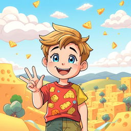 An anime-style illustration of a young boy with a cheerful smile, wearing a colorful t-shirt adorned with cheese graphics