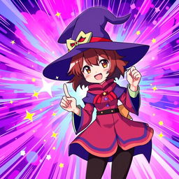 A vibrant and dynamic wallpaper for a phone featuring the anime character Magumin from Konosuba