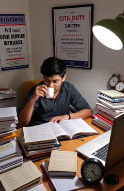 A person studying with various resources on a desk, surrounded by piles of books and notebooks