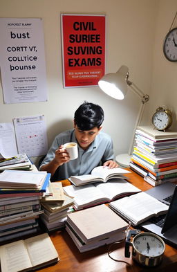 A person studying with various resources on a desk, surrounded by piles of books and notebooks