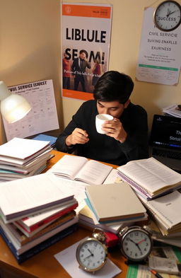 A person studying with various resources on a desk, surrounded by piles of books and notebooks