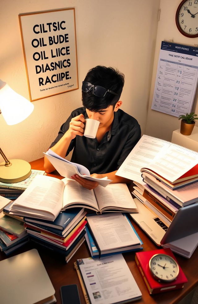 A person studying with various resources on a desk, surrounded by piles of books and notebooks