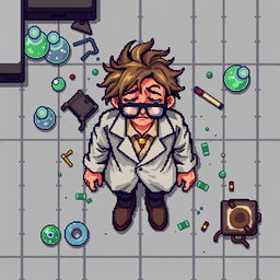 A pixel art top-down view of a scientist sprite appearing lifeless