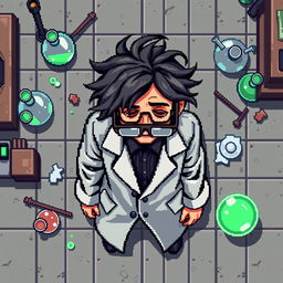 A pixel art top-down view of a scientist sprite appearing lifeless