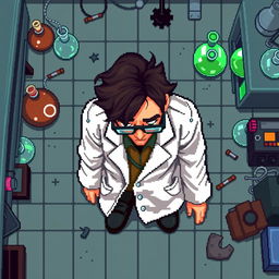 A pixel art top-down view of a scientist sprite appearing lifeless