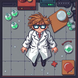 A pixel art top-down view of a scientist sprite appearing lifeless