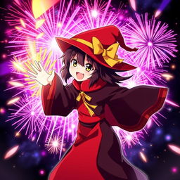 A vibrant and eye-catching wallpaper featuring the anime character Megumin from the series KonoSuba