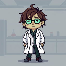 A pixel art representation of a scientist sprite appearing lifeless