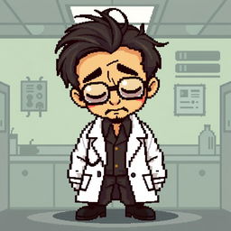 A pixel art representation of a scientist sprite appearing lifeless