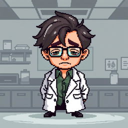 A pixel art representation of a scientist sprite appearing lifeless