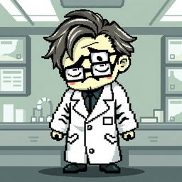 A pixel art representation of a scientist sprite appearing lifeless