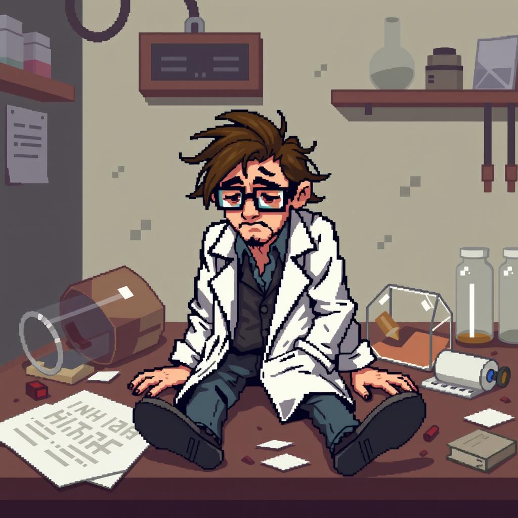 A pixel art representation of a fallen scientist sprite