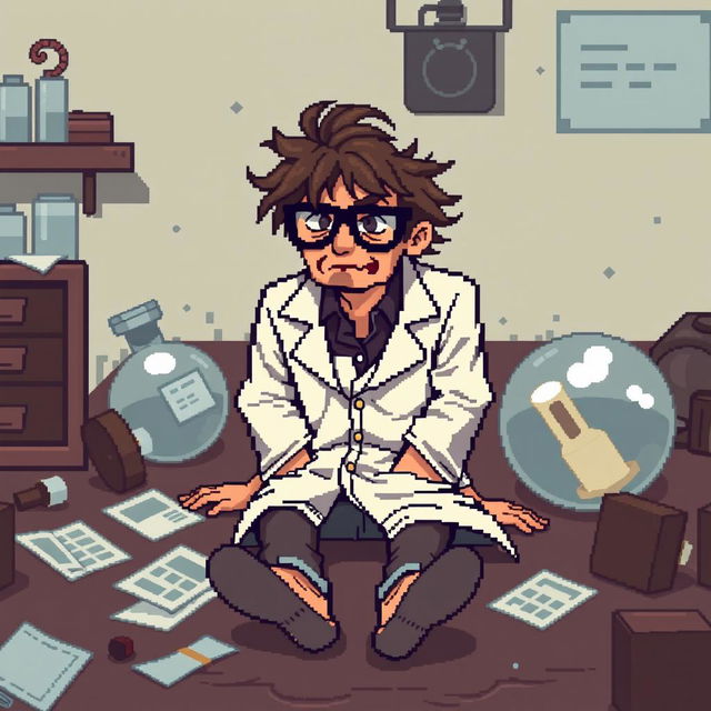 A pixel art representation of a fallen scientist sprite