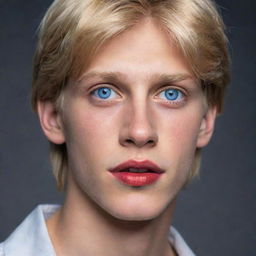 Hyper-realistic image of an 18-year-old boy with Chilean and Spanish heritage, blonde, with blue eyes, 1.80m tall, with red lips. The focus of the picture is on his large feet.