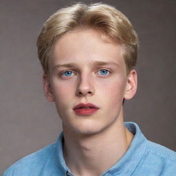 Hyper-realistic image of an 18-year-old boy with Chilean and Spanish heritage, blonde, with blue eyes, 1.80m tall, with red lips. The focus of the picture is on his large feet.