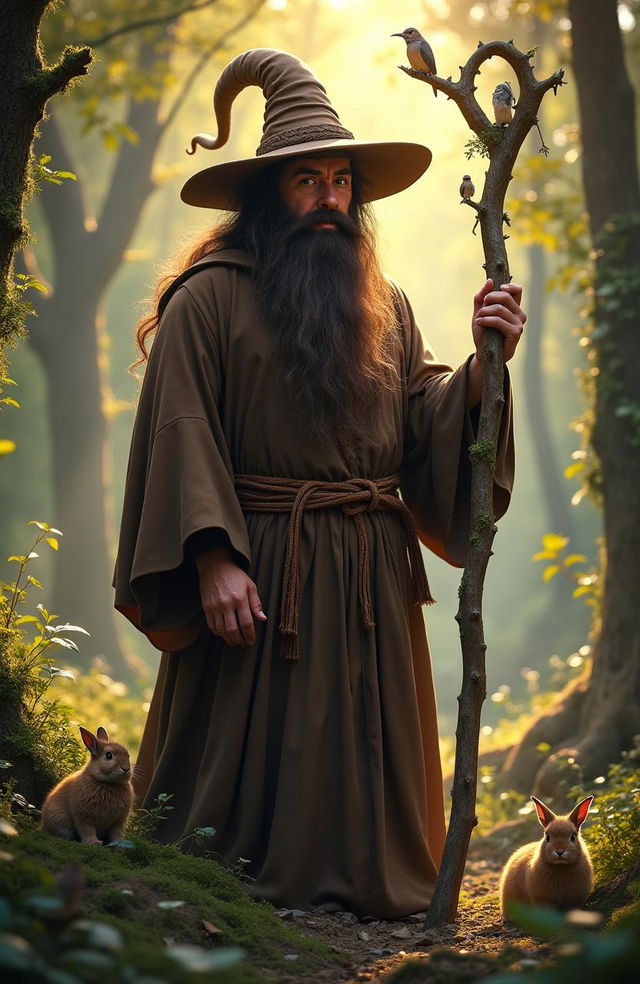 A live action, hyper-realistic depiction of Radagast the Brown, standing 6 feet tall