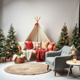 A cozy Christmas photography studio set featuring five undecorated fir trees arranged around the scene