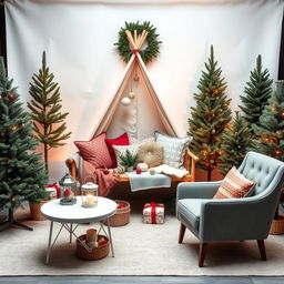 A cozy Christmas photography studio set featuring five undecorated fir trees arranged around the scene