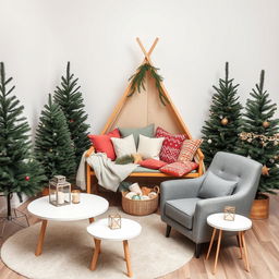 A cozy Christmas photography studio set featuring five undecorated fir trees arranged around the scene