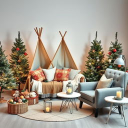 A cozy Christmas photography studio set featuring five undecorated fir trees arranged around the scene