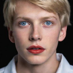 Hyper-realistic image of an 18-year-old boy with Chilean and Spanish heritage, blonde, with blue eyes, 1.80m tall, with red lips. The focus of the picture is on his large feet.