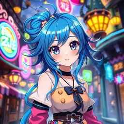 A stunning anime girl with vibrant blue hair styled in a playful way, large expressive eyes with sparkling details, wearing a stylish and colorful outfit that blends magic and modern fashion, standing in a fantastical urban environment with neon lights and whimsical architecture in the background, a gentle breeze flowing through her hair, exuding confidence and charm, bright and cheerful atmosphere