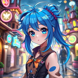 A stunning anime girl with vibrant blue hair styled in a playful way, large expressive eyes with sparkling details, wearing a stylish and colorful outfit that blends magic and modern fashion, standing in a fantastical urban environment with neon lights and whimsical architecture in the background, a gentle breeze flowing through her hair, exuding confidence and charm, bright and cheerful atmosphere