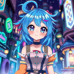 A stunning anime girl with vibrant blue hair styled in a playful way, large expressive eyes with sparkling details, wearing a stylish and colorful outfit that blends magic and modern fashion, standing in a fantastical urban environment with neon lights and whimsical architecture in the background, a gentle breeze flowing through her hair, exuding confidence and charm, bright and cheerful atmosphere