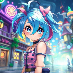 A stunning anime girl with vibrant blue hair styled in a playful way, large expressive eyes with sparkling details, wearing a stylish and colorful outfit that blends magic and modern fashion, standing in a fantastical urban environment with neon lights and whimsical architecture in the background, a gentle breeze flowing through her hair, exuding confidence and charm, bright and cheerful atmosphere