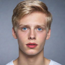 Hyper-realistic image of an 18-year-old boy with Chilean and Spanish heritage, blonde, with blue eyes, 1.80m tall, with red lips. The focus of the picture is on his large feet.