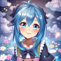 A captivating anime woman with striking blue hair styled in a unique and fashionable way, featuring large, expressive eyes that shimmer with life, dressed in a chic and colorful outfit perfect for a fantasy setting, surrounded by an enchanting landscape filled with whimsical elements like flowers, glowing lights, and soft clouds, portraying a sense of adventure and charm, with a cheerful smile that enhances her allure