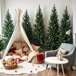 A cozy Christmas photography studio set featuring five undecorated fir trees positioned thoughtfully throughout the scene