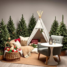 A cozy Christmas photography studio set featuring five undecorated fir trees positioned thoughtfully throughout the scene