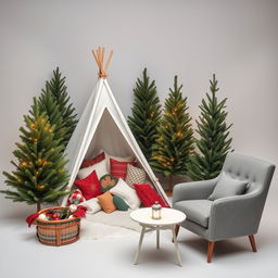 A cozy Christmas photography studio set featuring five undecorated fir trees positioned thoughtfully throughout the scene