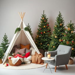 A cozy Christmas photography studio set featuring five undecorated fir trees positioned thoughtfully throughout the scene