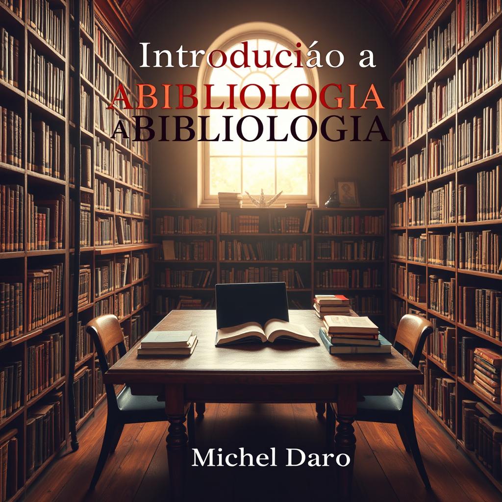 Uma capa de e-book sobre "Introdução a Bibliologia" autoria de Michel Dario, apresentando uma imagem de uma biblioteca com estantes repletas de livros, uma mesa de leitura ao centro com um laptop aberto e anotações espalhadas, iluminada por uma luz suave que entra pelas janelas, um ambiente convidativo e intelectual, com tons quentes de madeira e texturas agradáveis