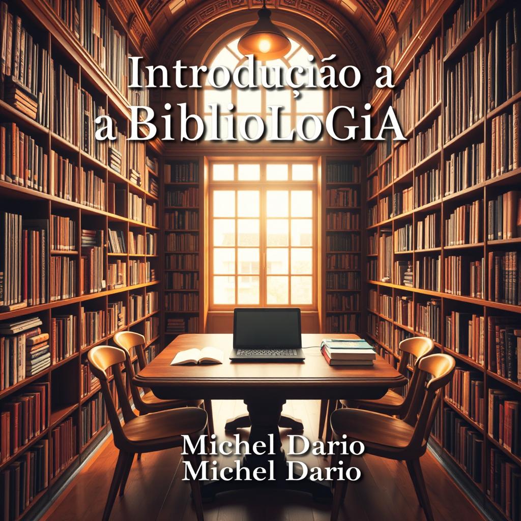 Uma capa de e-book sobre "Introdução a Bibliologia" autoria de Michel Dario, apresentando uma imagem de uma biblioteca com estantes repletas de livros, uma mesa de leitura ao centro com um laptop aberto e anotações espalhadas, iluminada por uma luz suave que entra pelas janelas, um ambiente convidativo e intelectual, com tons quentes de madeira e texturas agradáveis