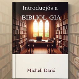 Uma capa de e-book sobre "Introdução a Bibliologia" autoria de Michel Dario, apresentando uma imagem de uma biblioteca com estantes repletas de livros, uma mesa de leitura ao centro com um laptop aberto e anotações espalhadas, iluminada por uma luz suave que entra pelas janelas, um ambiente convidativo e intelectual, com tons quentes de madeira e texturas agradáveis