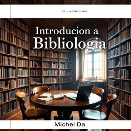 Uma capa de e-book sobre "Introdução a Bibliologia" autoria de Michel Dario, apresentando uma imagem de uma biblioteca com estantes repletas de livros, uma mesa de leitura ao centro com um laptop aberto e anotações espalhadas, iluminada por uma luz suave que entra pelas janelas, um ambiente convidativo e intelectual, com tons quentes de madeira e texturas agradáveis