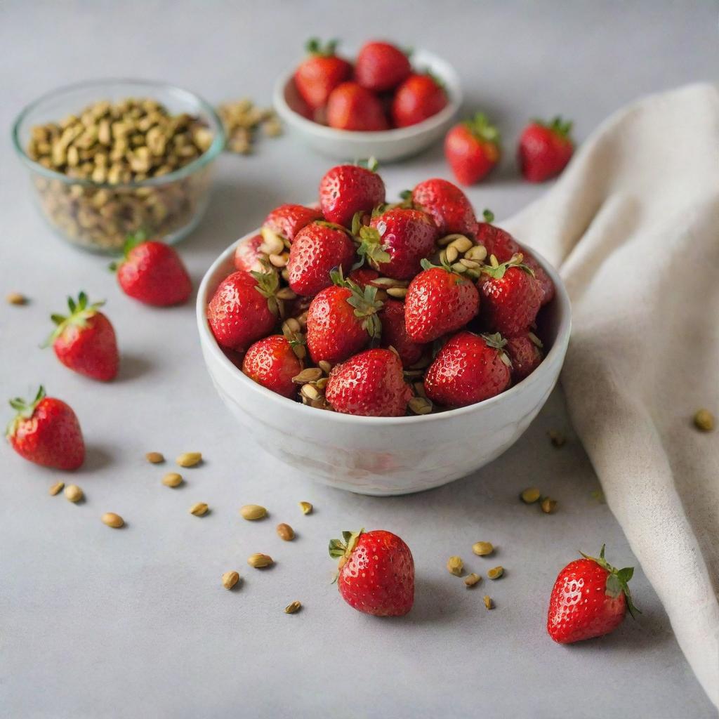 Juicy red strawberries alongside crunchy pistachios and a bowl filled with smooth pistachio cream, all resting on a clean kitchen counter with a casually placed kitchen cloth.