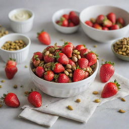 Juicy red strawberries alongside crunchy pistachios and a bowl filled with smooth pistachio cream, all resting on a clean kitchen counter with a casually placed kitchen cloth.